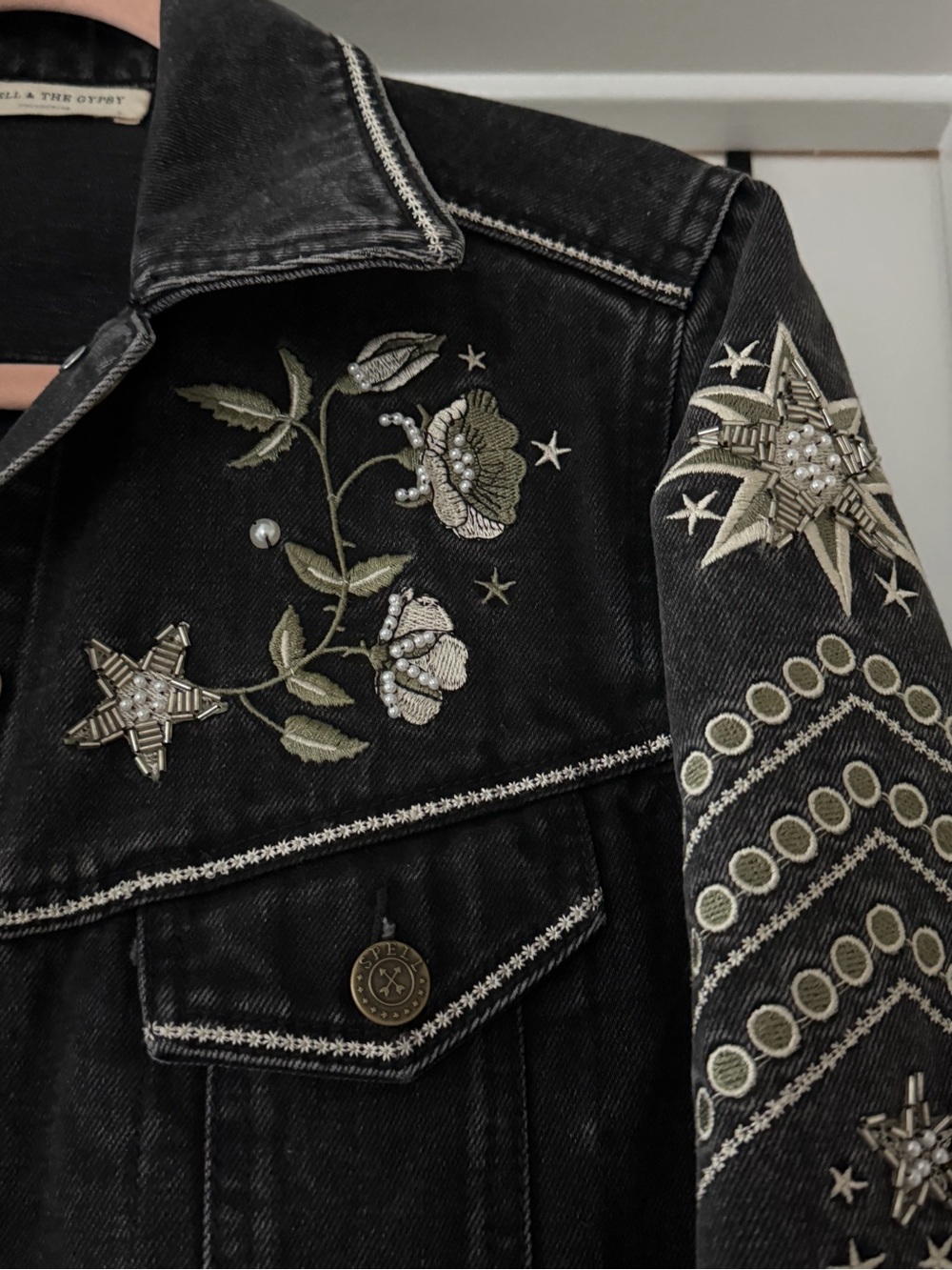 Spell Black Embroidered Beaded Denim Jacket size Small Boyfriend cut - Picture 7 of 13